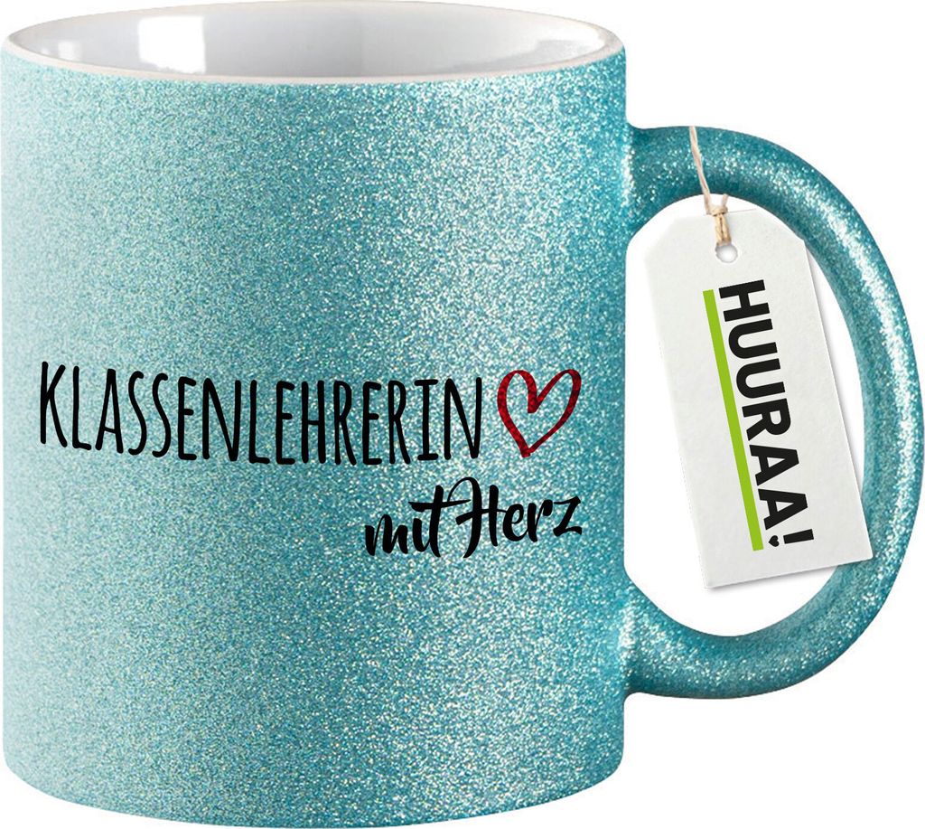Huuraa Glitzertasse Klassenlehrerin mit Herz 330ml Blau Keramik Kaffeebecher Geschenkidee