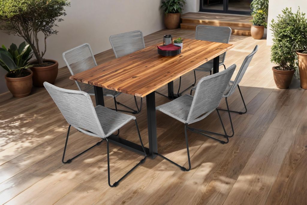7tlg. Outdoor-Tischgruppe 180 x 90 cm Avila, Akazienholz massiv & geölt, Esstisch mit U-Gestell schwarz lackiert, echte Baumkante, viergeteilte 26...