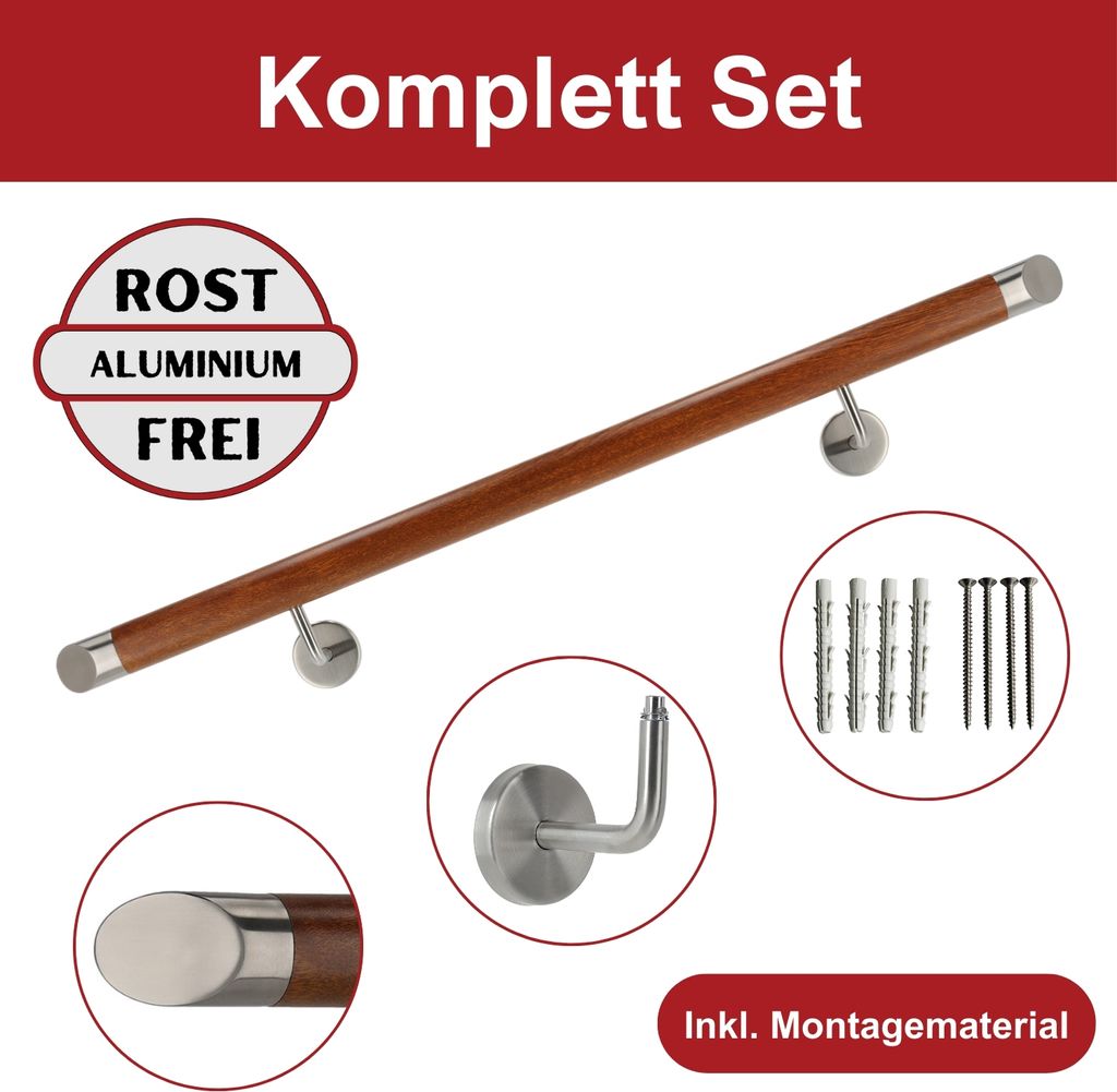TIBU Handlauf Aluminium Mahagoni Holz Nachbildung 30-600cm Wandhandlauf Treppe gewinkelte Edelstahlhalter, Länge 430 cm mit 5 Halter und schräges...