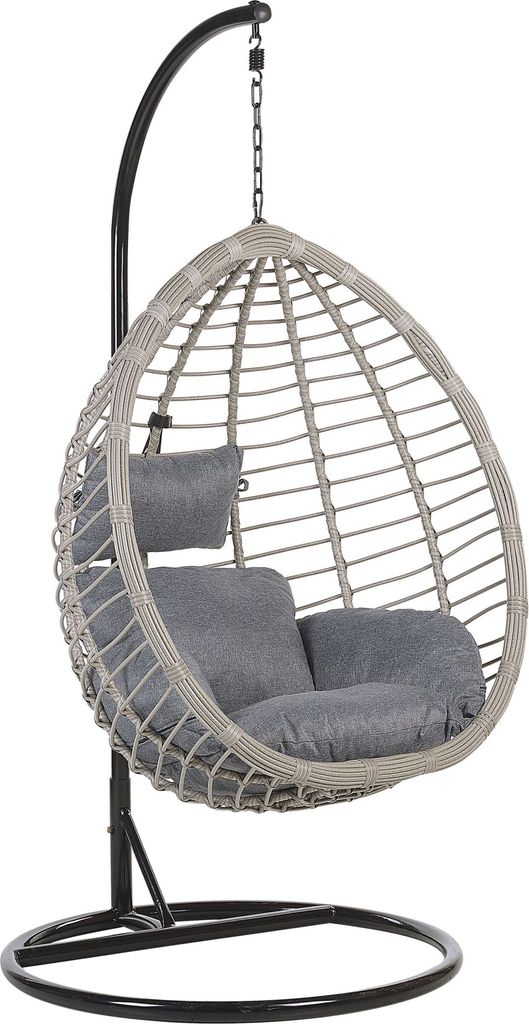BELIANI Hängesessel Grau Rattan mit schwarzem Gestell aus Stahl inkl. Kissen Outdoor Indoor Boho Stil