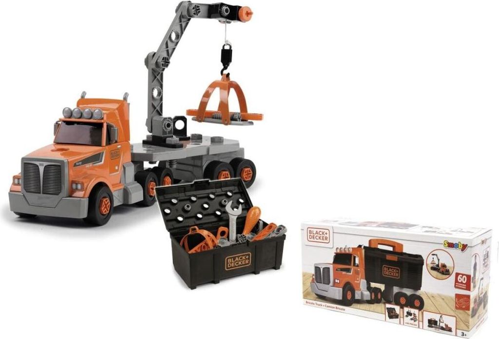 A toy construction truck with a crane and a toolbox with tools, next to its packaging.