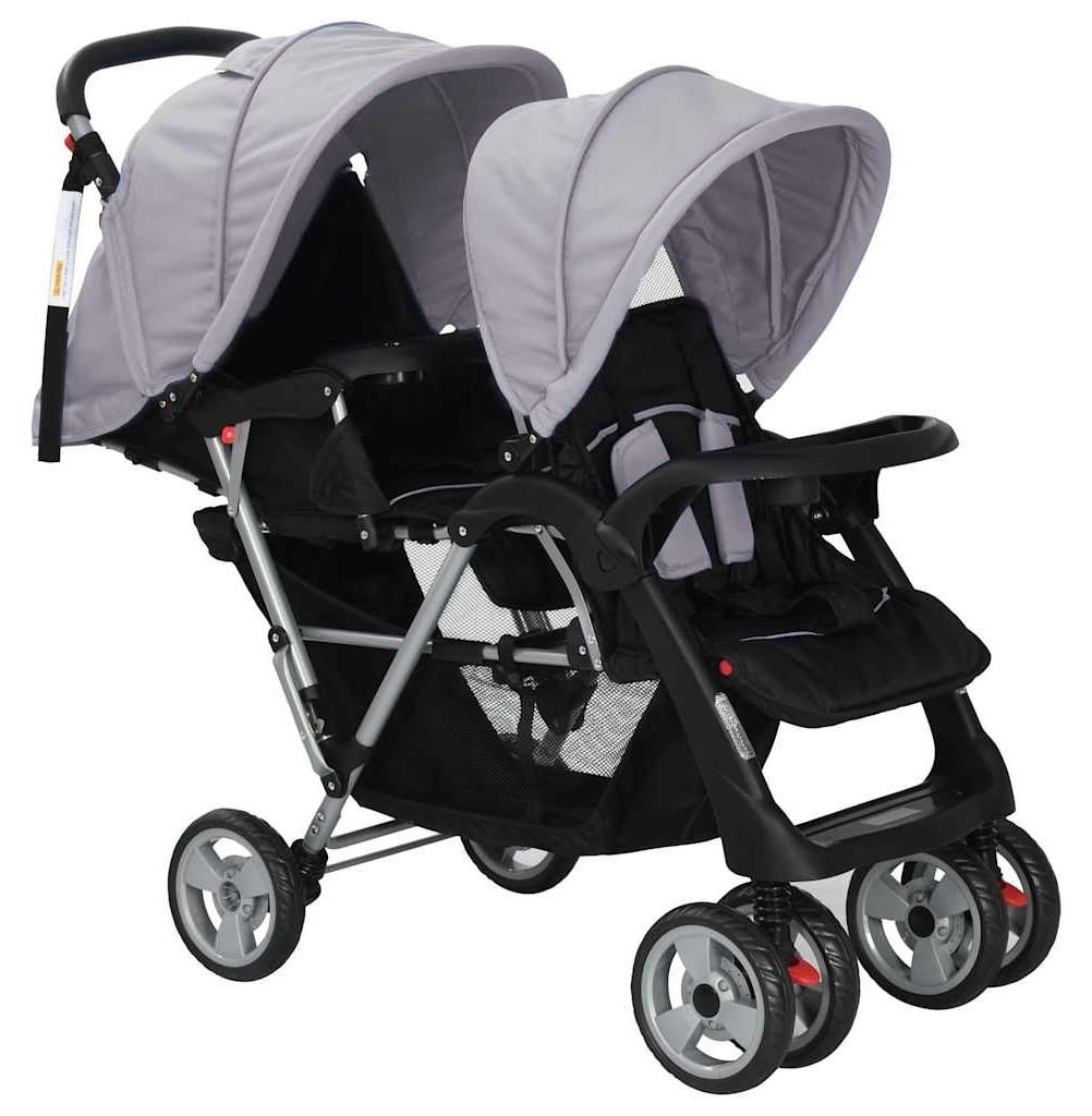 vidaXL Tandem-Kinderwagen Stahl Grau und Schwarz Produktbild 