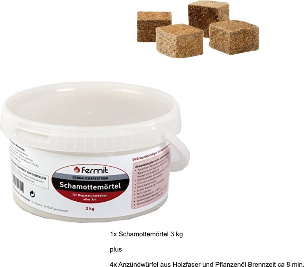 Fermit Schamottemörtel Teperaturbeständigkeit: über +1600°C 4x Anzündwürfel aus Holzfaser und Pflanzenöl ca. 8 min Brennzeit (Schamottemört...