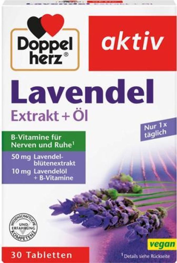 A product box for Doppelherz Lavendel Extract+Oil tablets, featuring lavender sprigs and product information.