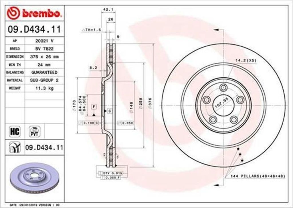 2x BREMBO Bremsscheibe 09.D434.11 für JAGUAR XF (_J05_ CC9) F-Type Coupe (X152)