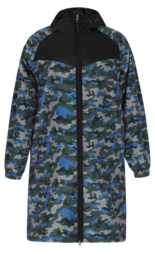 Damen Mantel knielang Blau mit verstellbarer Kapuze und Produktbild 