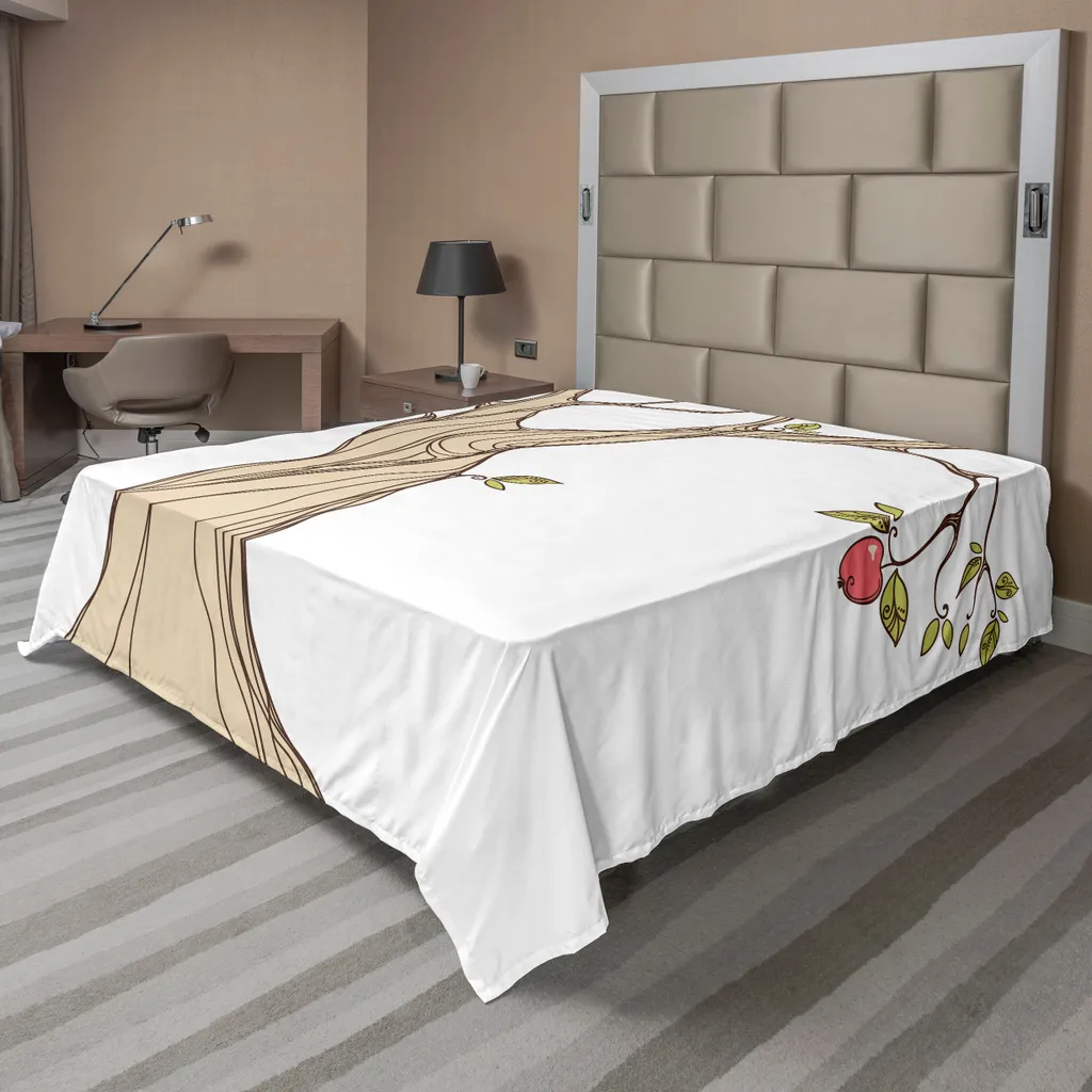 Drap Plat Motif Arbres et Flocons 266x260 cm Tissu Doux Beige et Vert