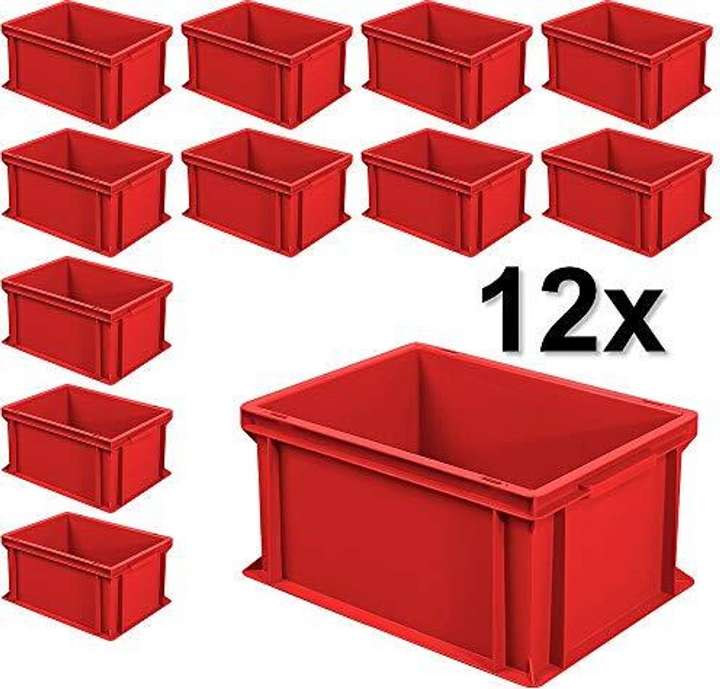 12x Eurobehälter mit 2 Griffleisten, LxBxH 400x300x220 mm, 21 Liter, rot