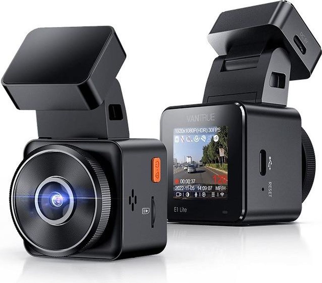Two black dashcams are shown from a diagonal angle against a light gray background. The dashcam on the left is angled towards the viewer, showing its lens and a textured ring around it. The dashcam on the right is angled slightly away, showing its screen w