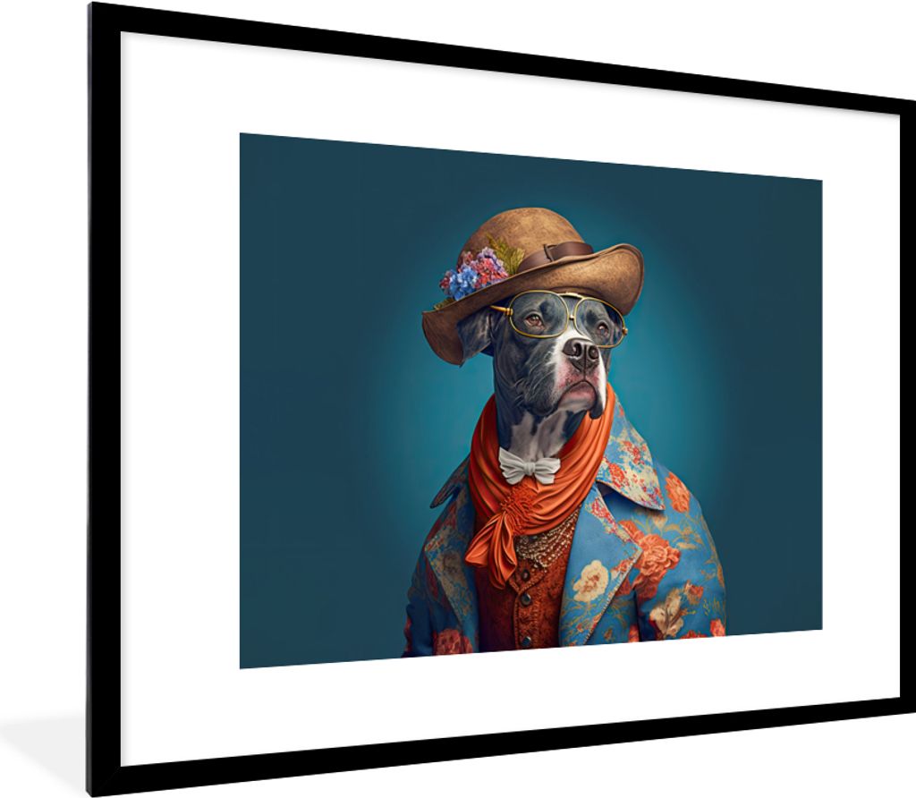 MuchoWow Gerahmtes Poster Hund - Jacke - Blumen - Hut - Blau 80x60 cm - Poster mit Schwarzem Bilderrahmen Wandposter Rahmen Foto Bilder - Schlafz...
