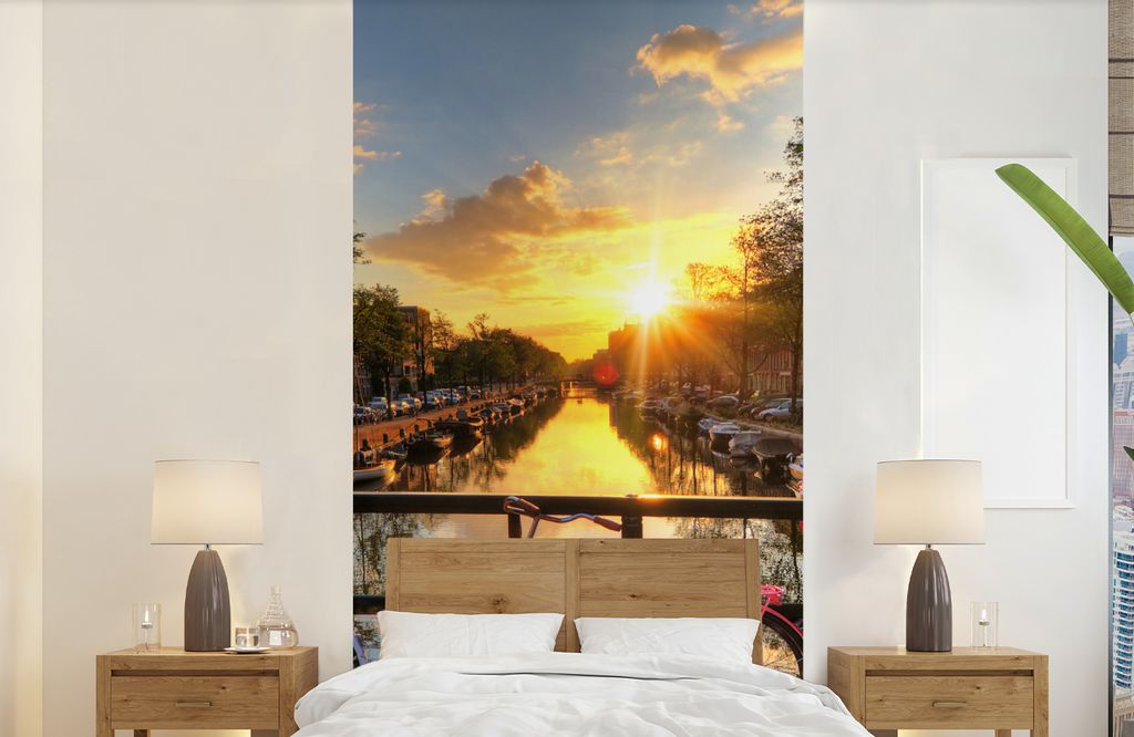 MuchoWow Fototapete für Wohnzimmer oder Schlafzimmer Wandtapete Vinyl Motivtapete Amsterdam - Blumen - Brücke - Fahrrad - Sonnenuntergang - 120...
