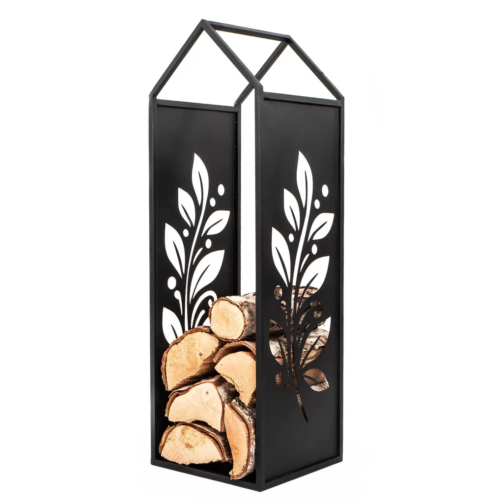 Supporto in legno di metallo nero con maniglia, supporto in legno autoportante H 100cm foglie