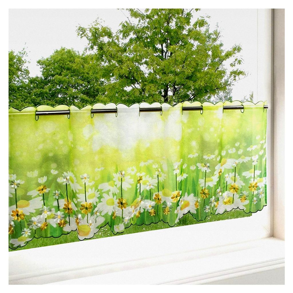 Scheibengardine Margeriten für die Küche, grüne Bistrogardine, 45x115 cm, Moderne und transparente Gardine für Frühling und Sommer
