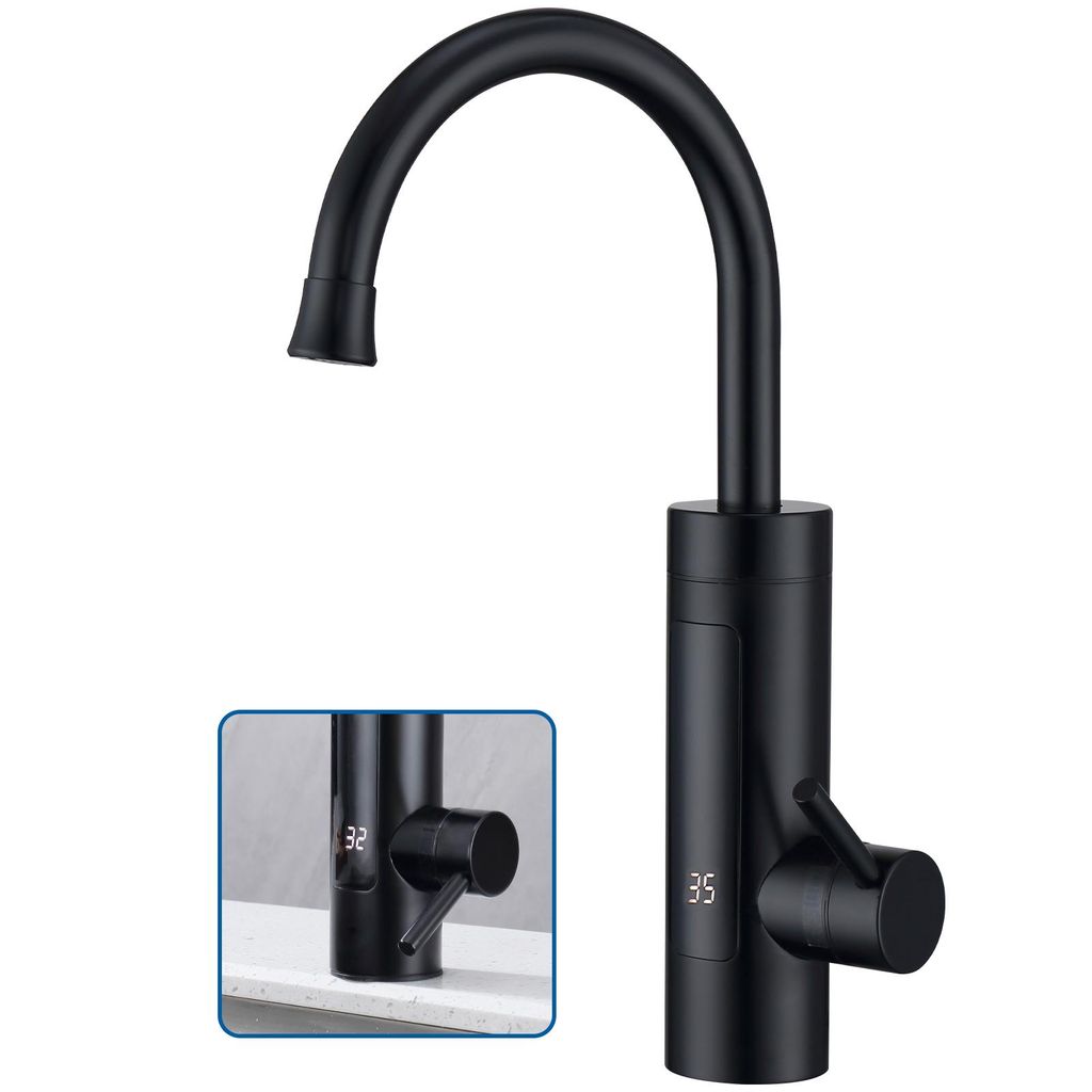 A black electric kitchen faucet with a digital temperature display.