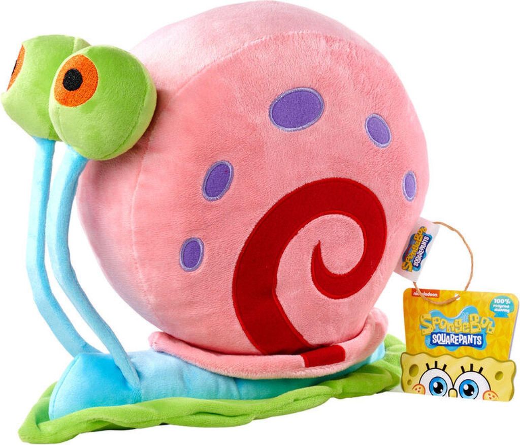 A plush toy of Gary the Snail from SpongeBob SquarePants is displayed on a white background, with its product tag visible.
