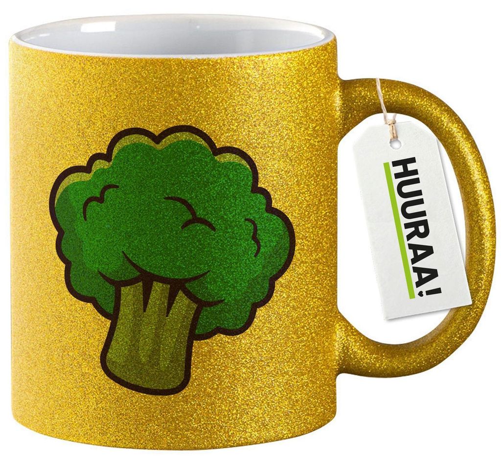 Huuraa Glitzertasse Brokkoli Comic 330ml Gold Keramik Kaffeebecher Geschenkidee