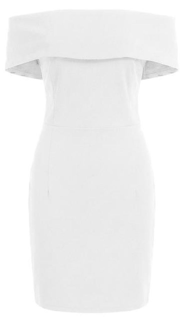 Ein elegantes schulterfreies Cocktailkleid mit Carmen-Ausschnitt.