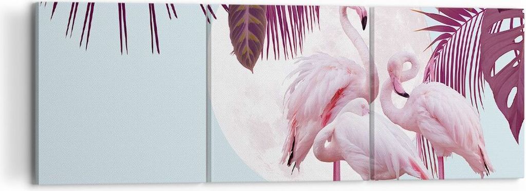 Bild auf Leinwand - Leinwandbild - 3 Teile - Flamingos Palmen Mond - 120x40cm - Wand Bild - Wanddeko - Wandbilder - Leinwanddruck - Bilder - Wandde...