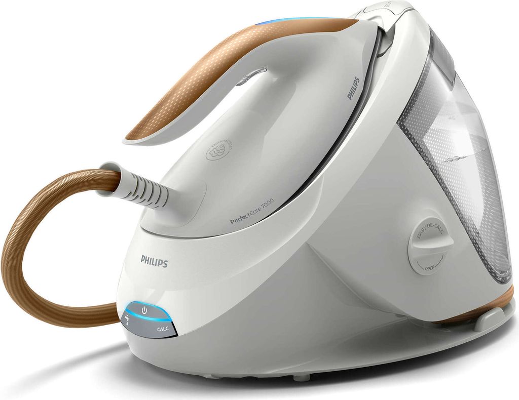 A white and gold steam generator iron from Philips is shown on a white background.