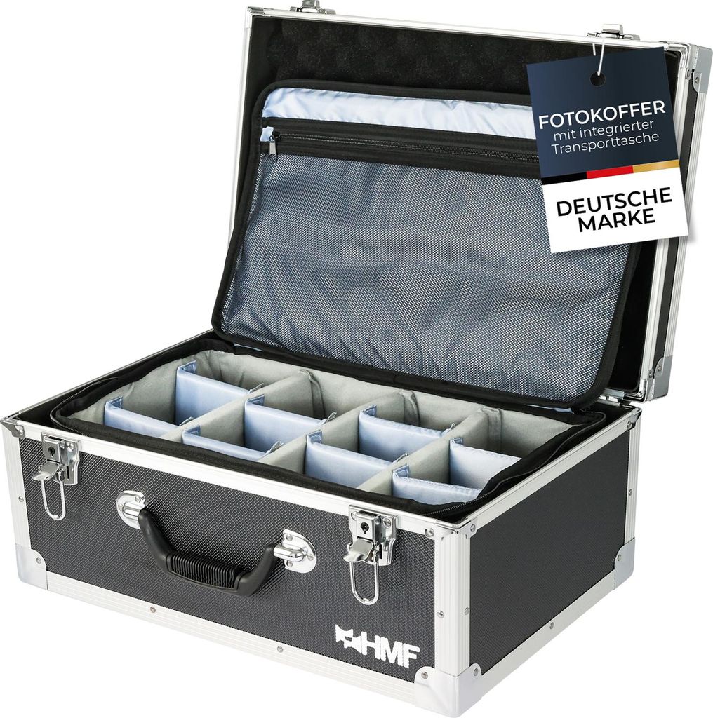 HMF 18440 Kamerakoffer, Fotokoffer Aluminium mit Tasche, individuelle Trennwände, 48 x 32 x 22,5 cm, schwarz