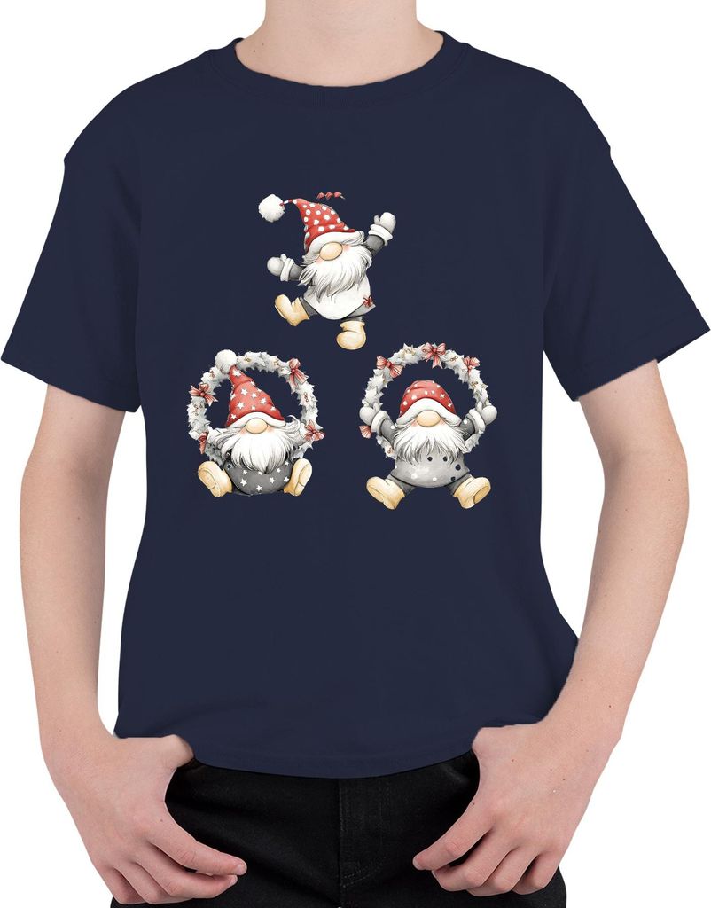 Weihnachtswichtel Kranz Skandinavisch Niedlich Aquarell Geschenk Uni Kinder T-Shirt, Navy, 116