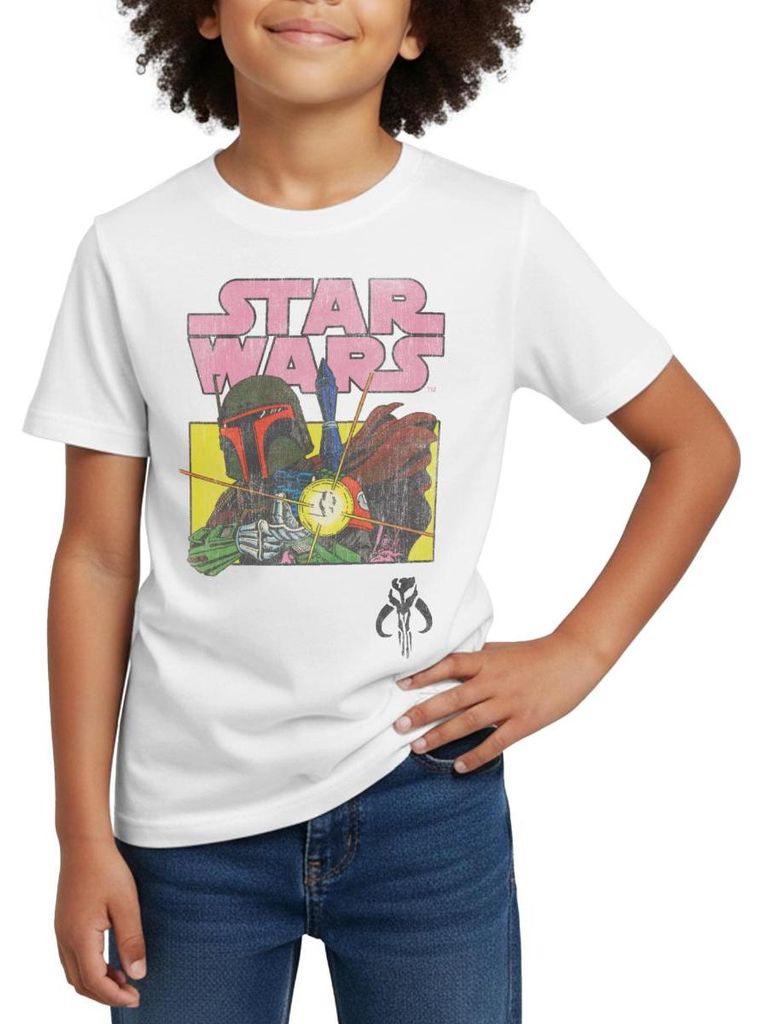 Star Wars: Mandalorian Retro Mandalorianer Kinder T-Shirt, 122/128 (7-8 Jahre), Weiß