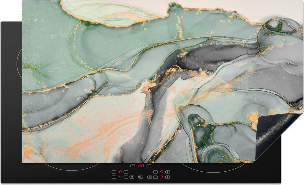 KitchenYeah Herdabdeckplatte Gold - Marmor - Grün - Luxus - Glitzer - Marmoroptik , 91x52cm, Küche Deko, Glaskeramikfeld Herdabdeckung, Abdeckp...