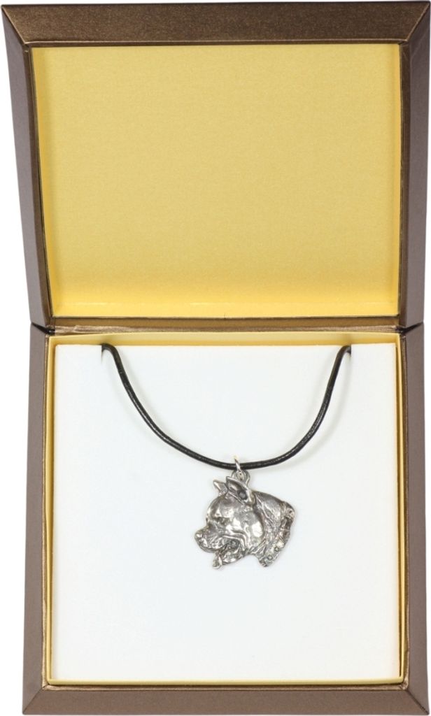American Staffordshire Terrier, Amstaff I - Hundehalsband in Geschenkbox, versilbertes Medaillon für Hundefans, markanter Anhänger der Marke Art-Dog