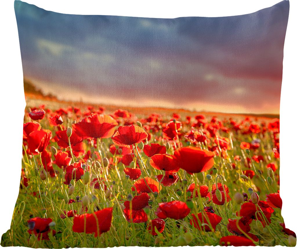 MuchoWow Zierkissen Sofakissen Wohnzimmer Dekokissen 40x40 cm Sonnenuntergang über einem Feld von Mohnblumen - Foto Kissen - Schlafzimmer Dekora...