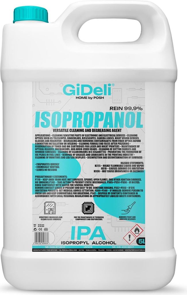 Isopropanol 5L 99,9% IPA Reinigungsalkohol Entfetter für Elektronik GiDeli