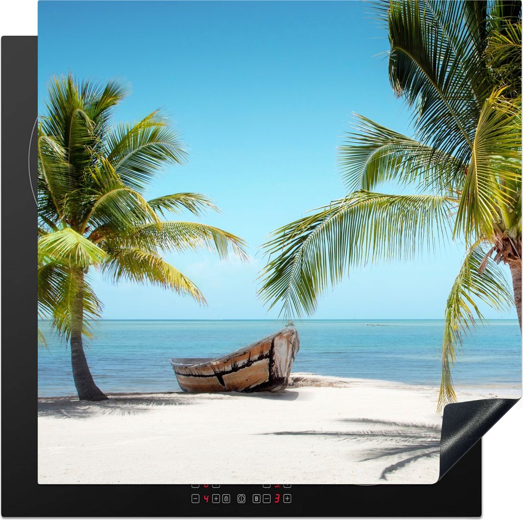 KitchenYeah Herdabdeckplatte Palme - Boot - Strand , 78x78cm, Küche Deko, Glaskeramikkochfeld Herdabdeckung, Abdeckplatte fùr Kochfeld