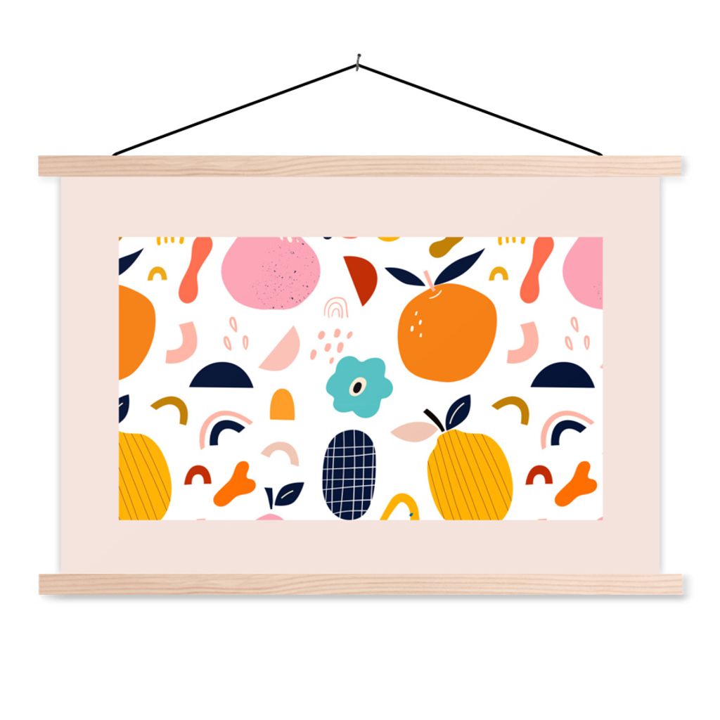 MuchoWow Textilposter Blumen - Obst - Muster - Pastell - Rosa 60x40 cm mit holzfarbenen Rahmen - Bilder