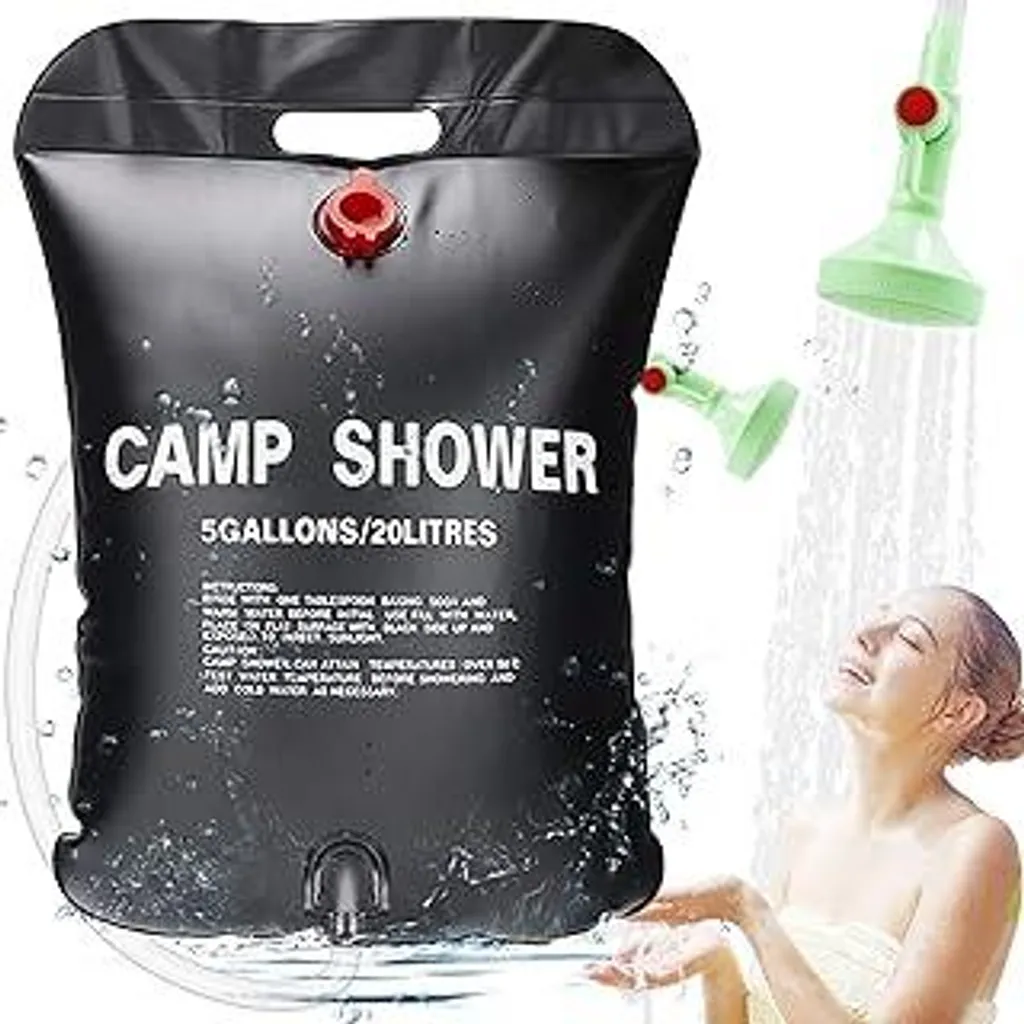 Doccia da campeggio da 20 litri, doccia da campeggio portatile, set doccia solare da campeggio, sacca d'acqua solare portatile per esterni per giardino, doccia da viaggio con soffione, tubo flessibile e borsa