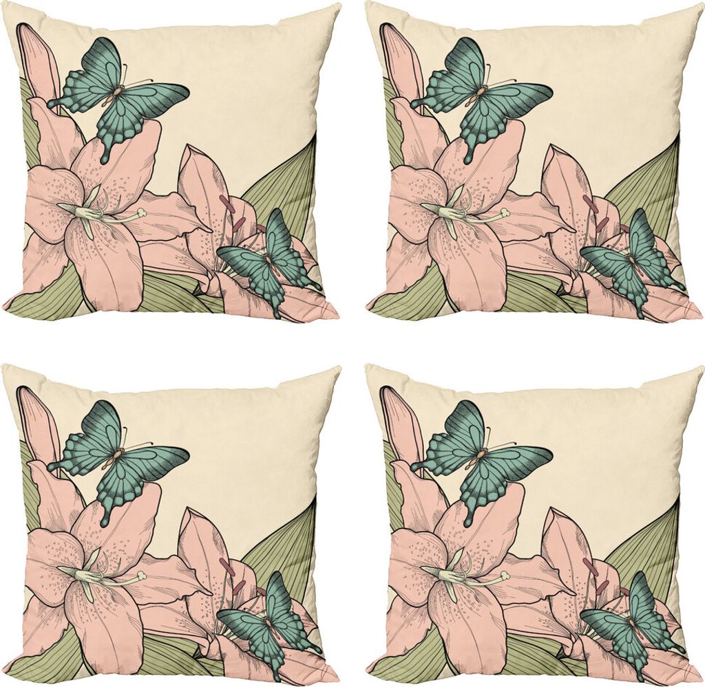 ABAKUHAUS Frühling Kissenbezug Set (4 Stück), Schmetterlinge und Lilien, Moderner Doppelseitiger Digitaldruck, 50 cm x 50 cm, Mehrfarbig