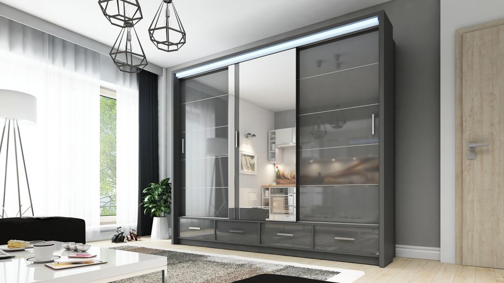 Halbglanz Gross Grau Schiebeschrank mit Spiegel Kleiderschrank SYCYLIA 250 CM + LED