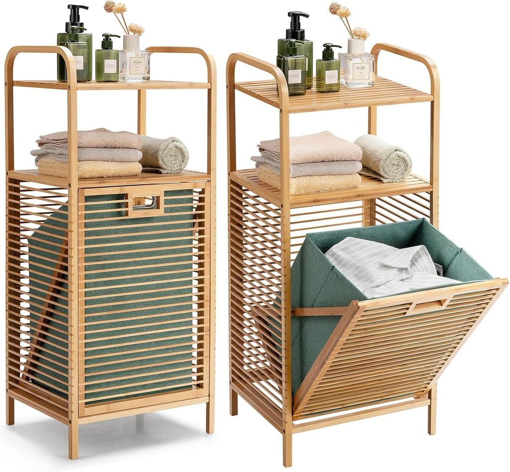 COSTWAY 2er Badregale 40L mit Wäschekorb & ausklappbarem Wäschesack, Wäscheschrank Bambus, Badezimmerregal groß 40,5x33x95,5cm Grün