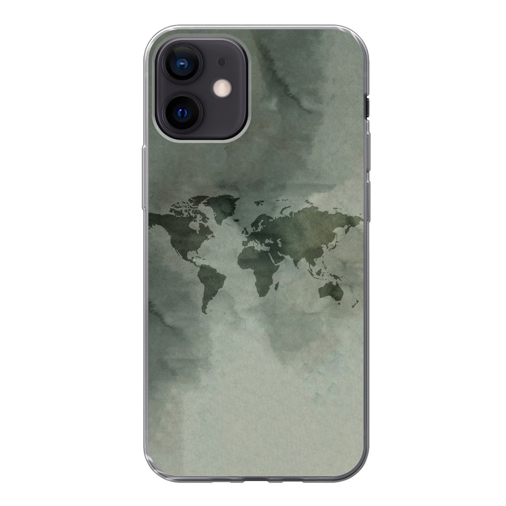 MuchoWow Handyhülle Schutzhülle Hülle für iPhone 12 Weltkarte - Grün - Grau Silikon Softcase Handy Hülle - Schutzhülle