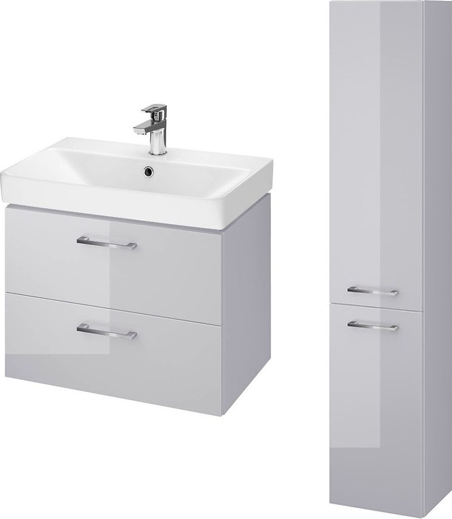 BADLAND Badmöbel Set LARA MILLE SLIM 60 Waschbecken-Unterschrank mit Hochschrank 150x30x25, 2-Türen, Grau