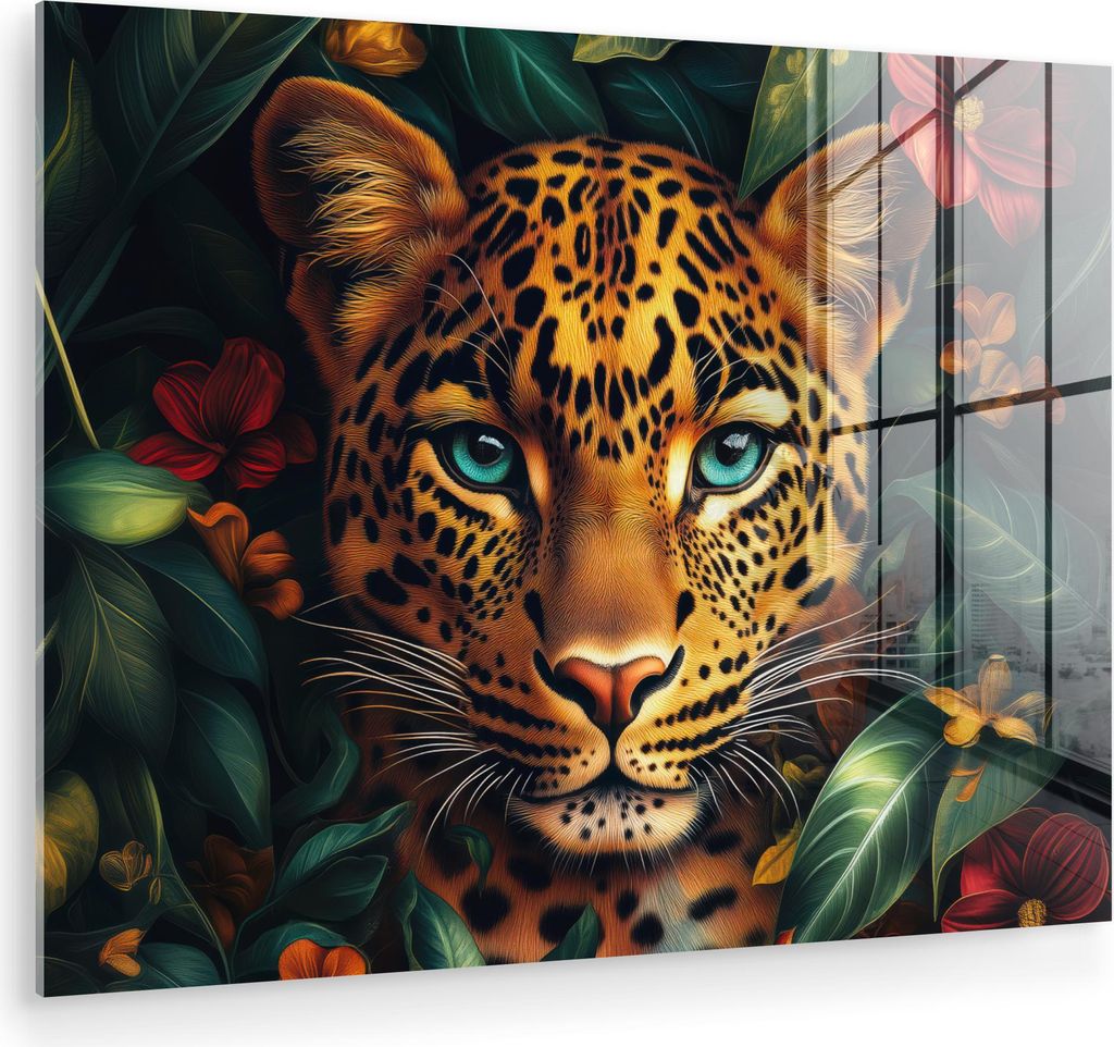 MuchoWow Glasbilder - Bilder auf Wandbild - Foto auf Glas Leopard - Natur - Blumen - Dschungel 40x30 cm Wanddekoration aus Glas - Acrylglasbild - A...