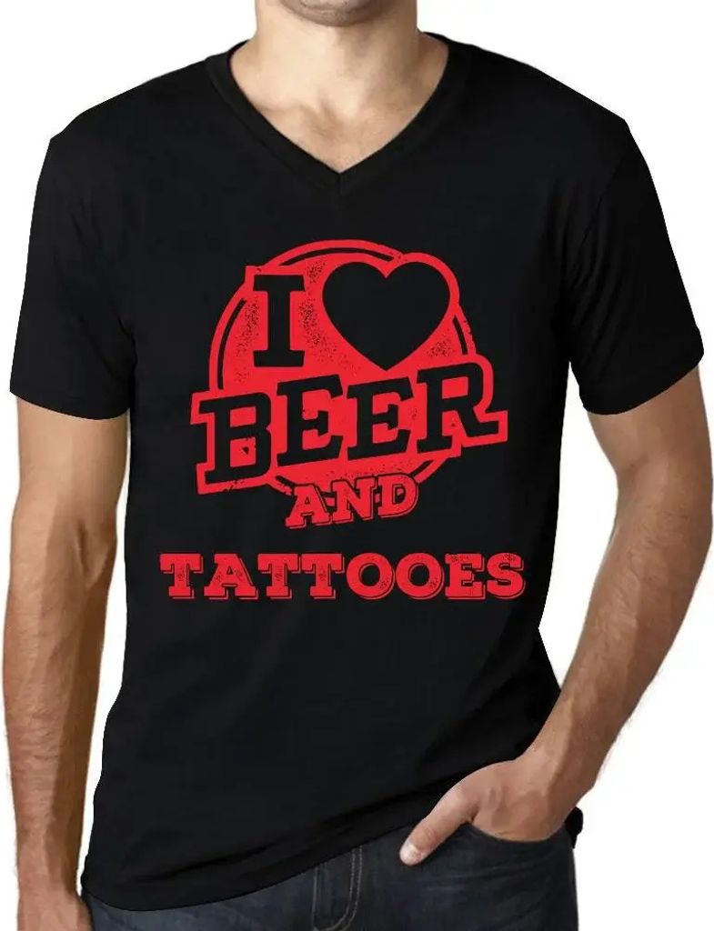 Herren Grafik T-Shirt V-Ausschnitt Ich liebe Bier und Tattoos – I Love Beer And Tattooes – Öko-Verantwortlich Vintage Jahrgang Kurzarm Lustige...