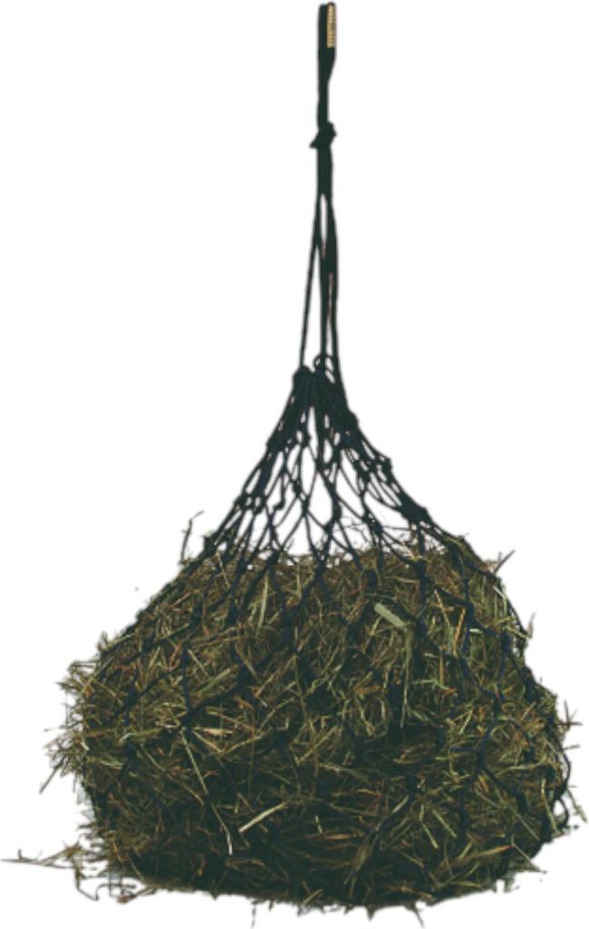 A black hay net filled with hay, suspended from a rope.