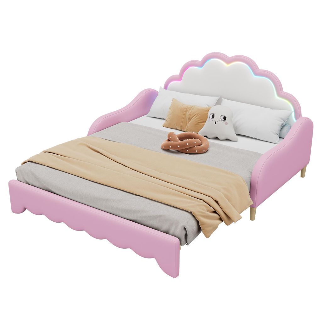 Schlafsofa mit Bettfunktion und Matratze, 140x200 cm, Kopfteil mit RGB LED-Beleuchtung, Jugendbett, Doppelbett, Kunstleder