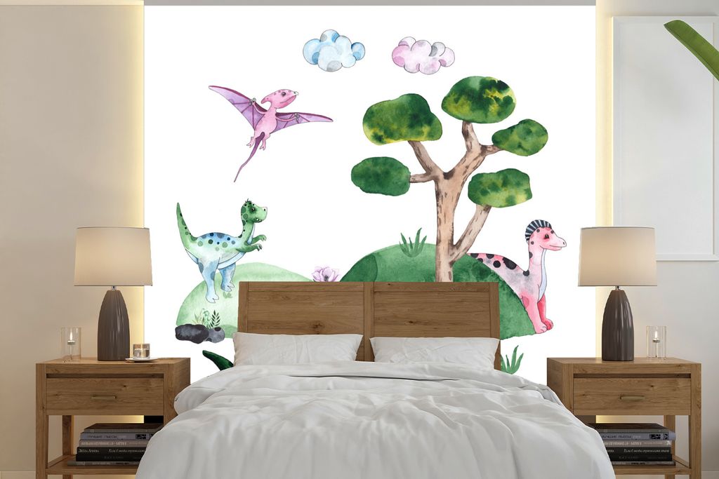 MuchoWow Fototapete für Wohnzimmer oder Schlafzimmer Wandtapete Vinyl Motivtapete Kinderzimmer - Dinosaurier - Weiß - Jungen - Mädchen - Kind ...