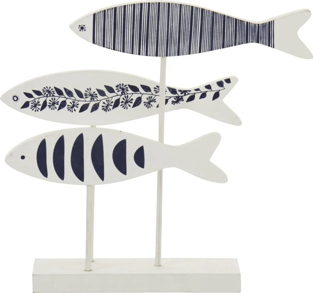 Statue Poisson Décorative en Bois MDF Bleu et Blanc Motif J-Line