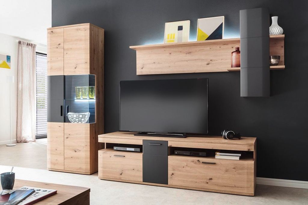 Wohnwand HARPER MADANG BHT 290x198x50 cm braun Anbauwand