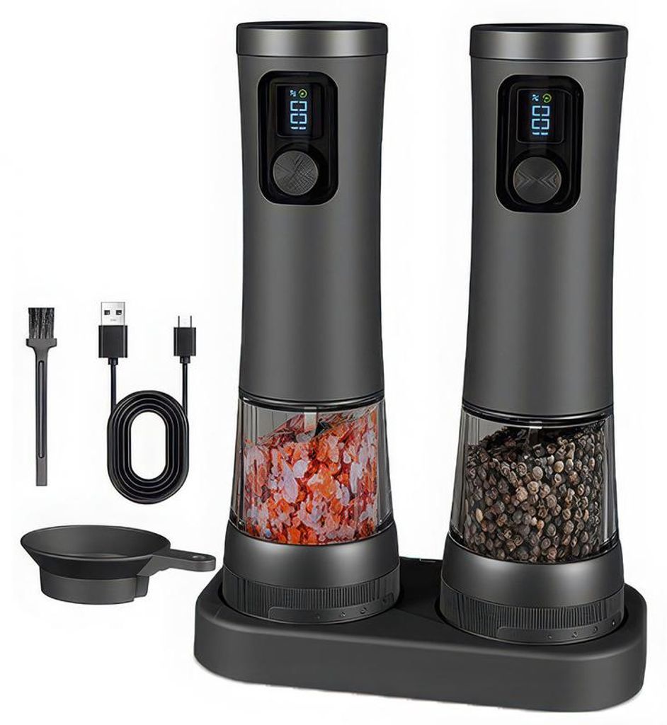 Salz- und Pfeffermühle elektrisch 2er Set wiederaufladbar USB-C 5 Mahlstufen Keramikmahlwerk LED Licht Einhand Betrieb für Küche Kochen