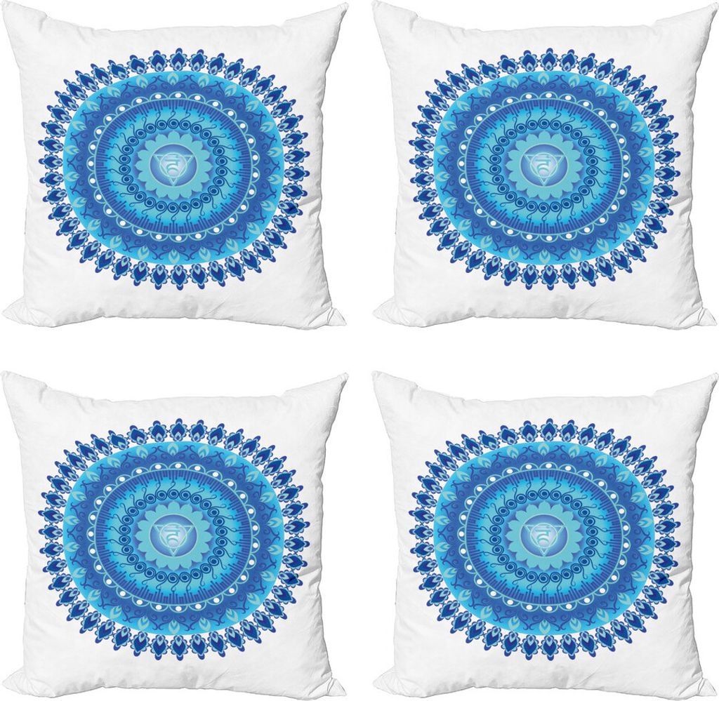 ABAKUHAUS Blauer Mandala Kissenbezug Set (4 Stück), Yoga Chakra, Moderner Doppelseitiger Digitaldruck, 45 cm x 45 cm, Aqua Marine-Blau und Weiß