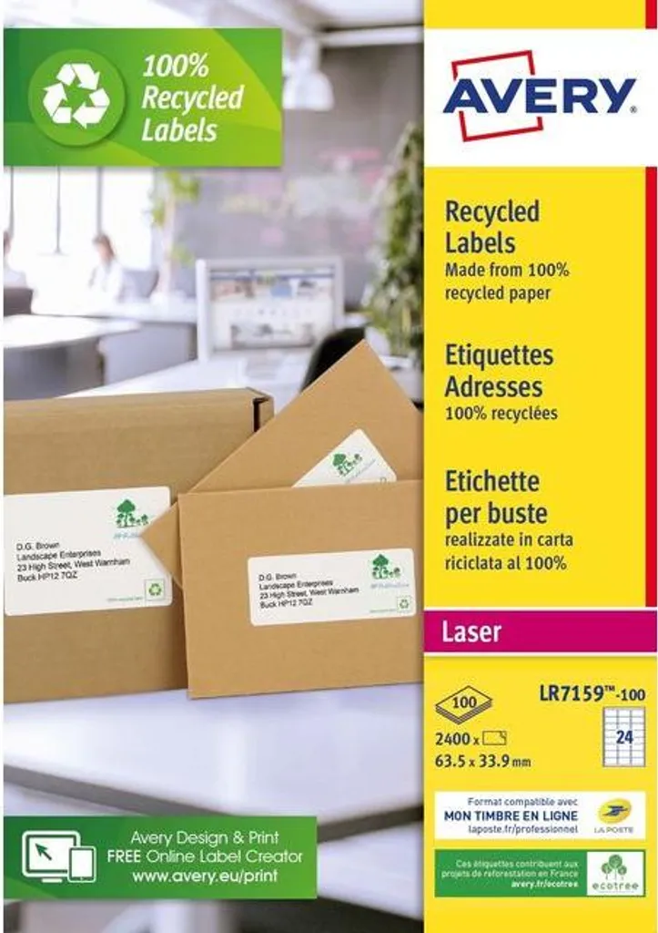 Étiquettes Écologiques Avery 63,5 x 33,9 mm - Papier Blanc Recyclé x2400