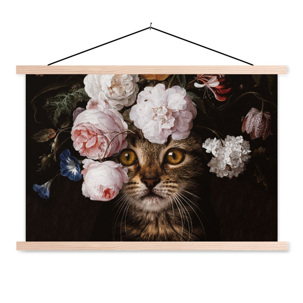MuchoWow Textilposter Katze - Blumen - Kunst 60x40 cm mit holzfarbenen Rahmen - Bilder
