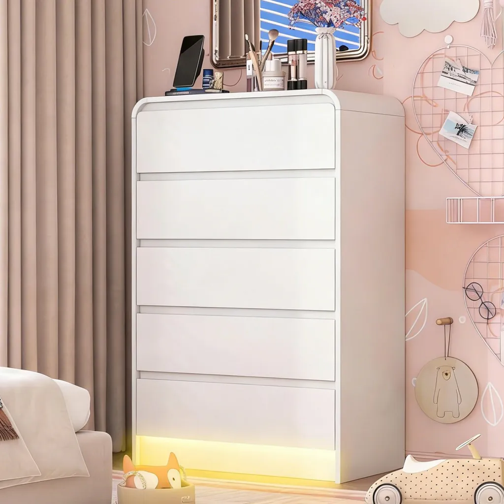 Commode de chambre blanche à 5 tiroirs ProximaX avec éclairage intégré